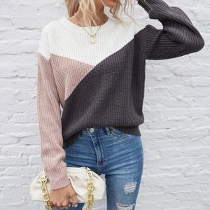 Gray white color block knit sweater top